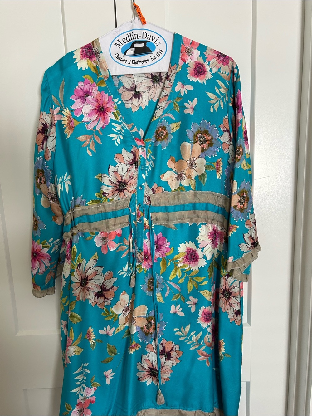 Johnny Was Turquoise Floral Midi Dress with Pink & Cream Flowers Silk - Picture 3 of 5